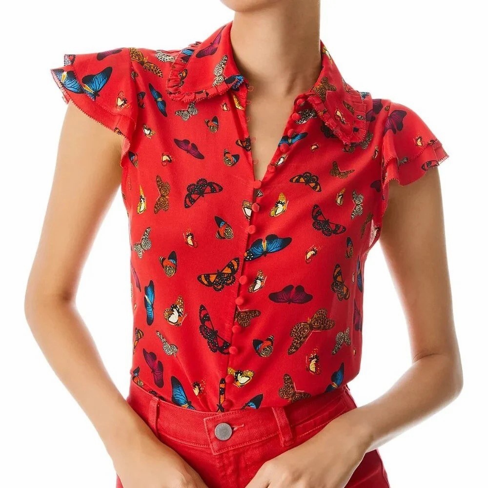 Alice + Olivia Martel Butterfly Silk Shirt Blouse Ruffle Red Bug Take Flight S